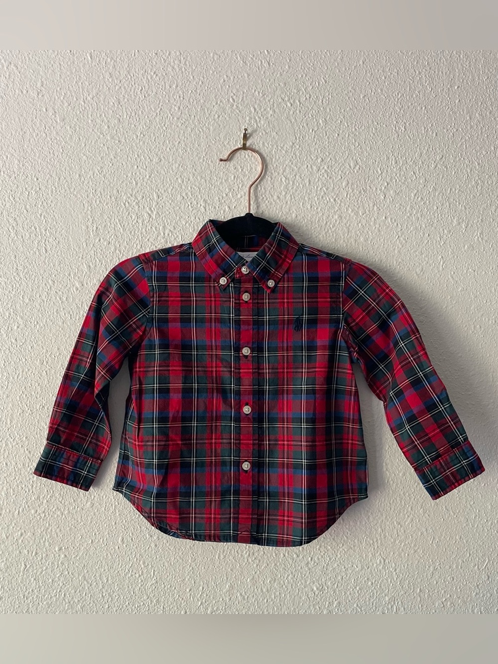 Ralph Lauren Boys 18M Plaid Button Down Shirt Red Green Tartan Holiday Pony
